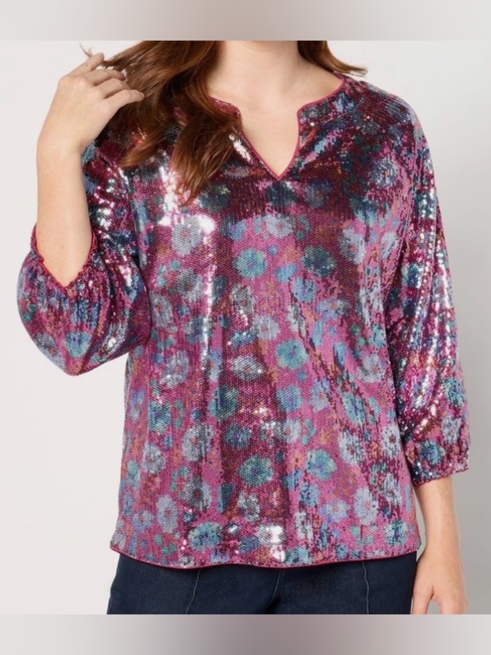 New nicole by Nicole Miller Sequin 3/4-Balloon Sleeve Top Floral size Medium